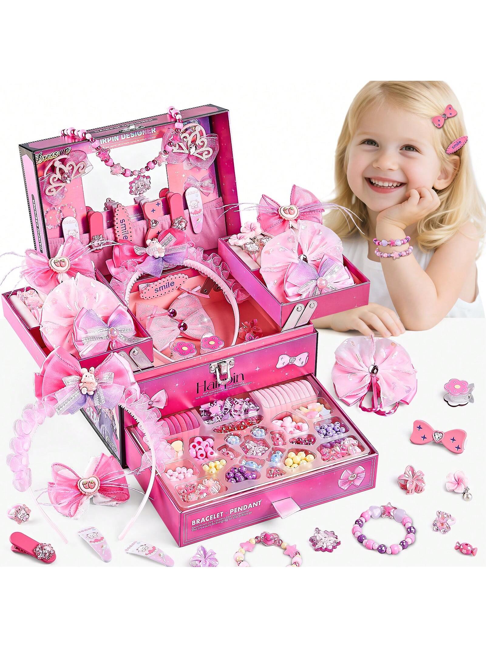 NewBandMo Hair Accessories For Girls,Headband Set For Kids Ages 5-12,Charm Bracelet Making Kit 8-12,Craft Kits For Teen Girl,Christmas Birthday Gifts For Kids 8 9 10 11 12 Year Old Girl (Pink)