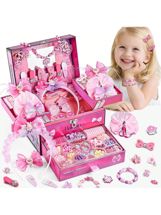 NewBandMo Hair Accessories For Girls,Headband Set For Kids Ages 5-12,Charm Bracelet Making Kit 8-12,Craft Kits For Teen Girl,Christmas Birthday Gifts For Kids 8 9 10 11 12 Year Old Girl (Pink)