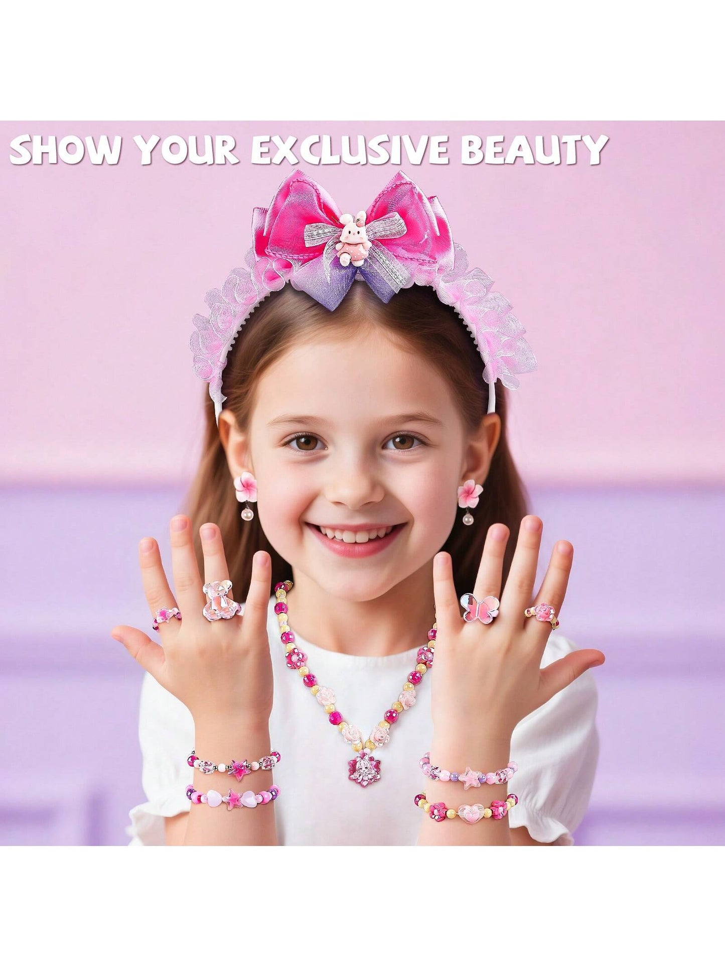 NewBandMo Hair Accessories For Girls,Headband Set For Kids Ages 5-12,Charm Bracelet Making Kit 8-12,Craft Kits For Teen Girl,Christmas Birthday Gifts For Kids 8 9 10 11 12 Year Old Girl (Pink)