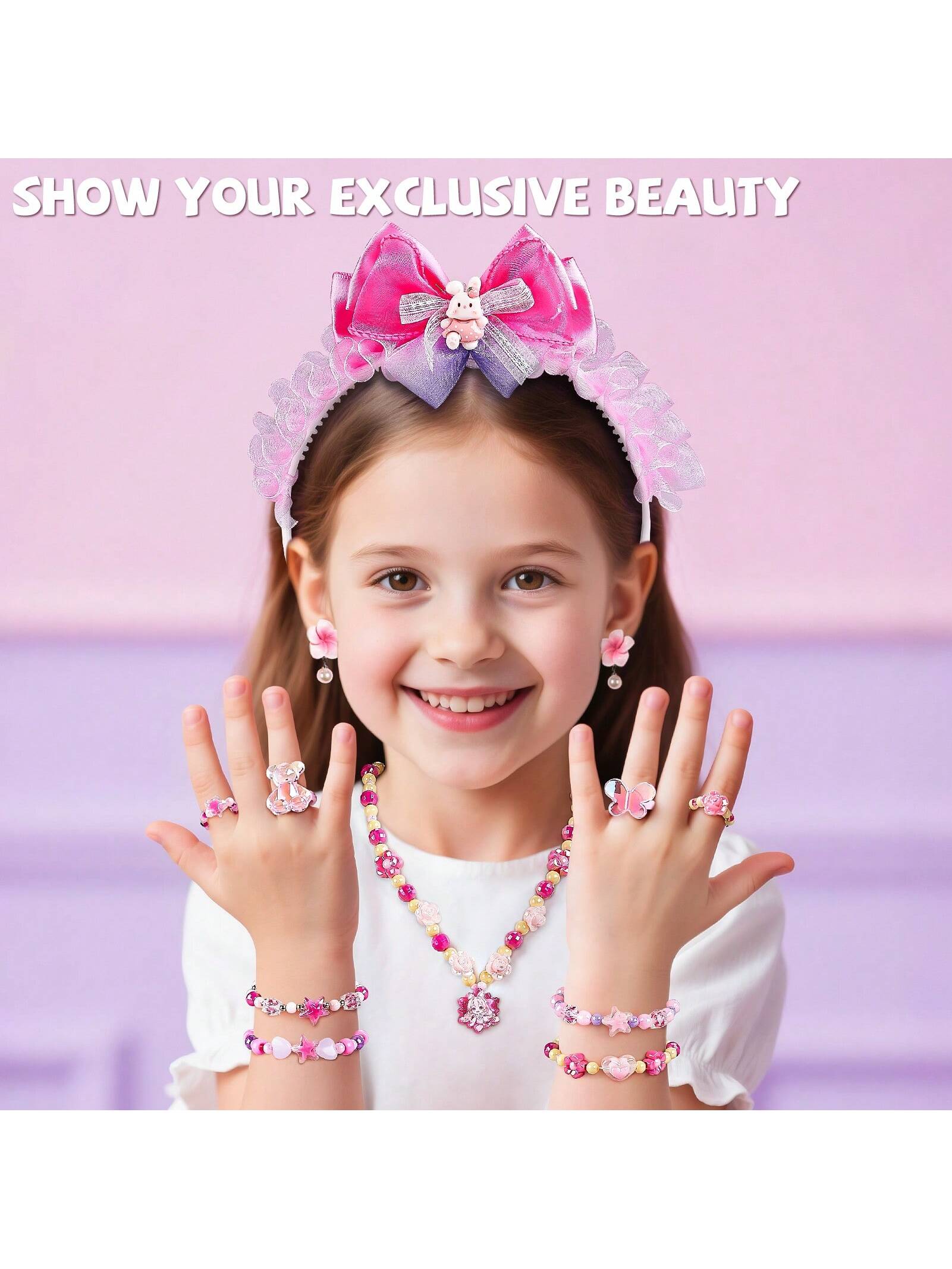 NewBandMo Hair Accessories For Girls,Headband Set For Kids Ages 5-12,Charm Bracelet Making Kit 8-12,Craft Kits For Teen Girl,Christmas Birthday Gifts For Kids 8 9 10 11 12 Year Old Girl (Pink)