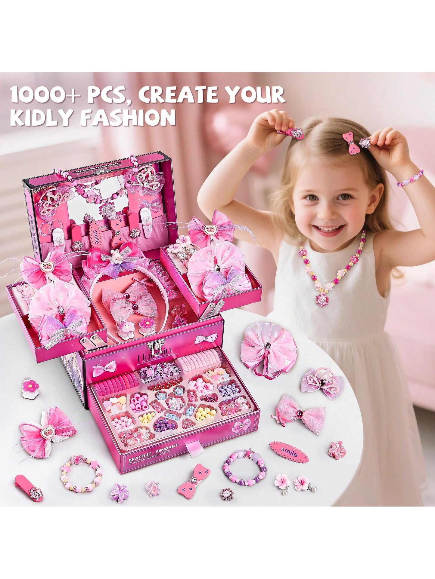 NewBandMo Hair Accessories For Girls,Headband Set For Kids Ages 5-12,Charm Bracelet Making Kit 8-12,Craft Kits For Teen Girl,Christmas Birthday Gifts For Kids 8 9 10 11 12 Year Old Girl (Pink)