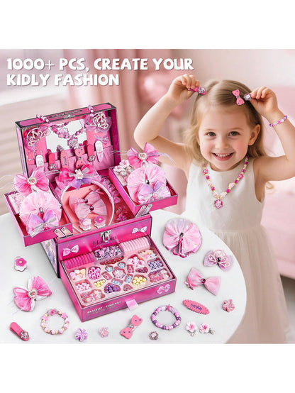 NewBandMo Hair Accessories For Girls,Headband Set For Kids Ages 5-12,Charm Bracelet Making Kit 8-12,Craft Kits For Teen Girl,Christmas Birthday Gifts For Kids 8 9 10 11 12 Year Old Girl (Pink)