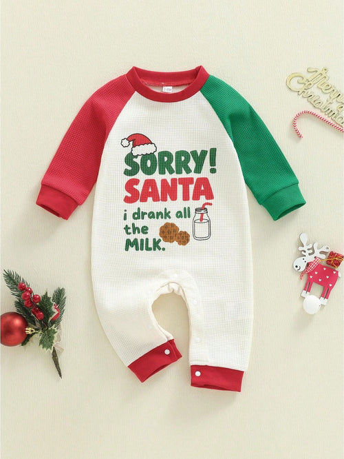 Newborn Baby Boy Christmas Outfit Contrast Color Letter Print Infant Romper Long Sleeve Jumpsuit Cute Xmas Clothes
