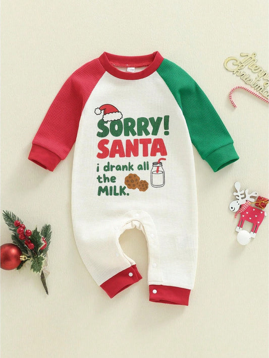 Newborn Baby Boy Christmas Outfit Contrast Color Letter Print Infant Romper Long Sleeve Jumpsuit Cute Xmas Clothes