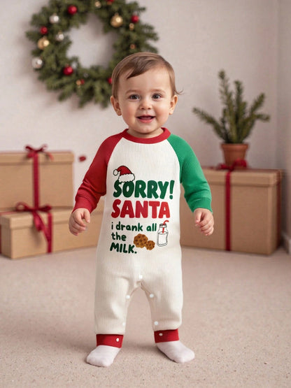 Newborn Baby Boy Christmas Outfit Contrast Color Letter Print Infant Romper Long Sleeve Jumpsuit Cute Xmas Clothes