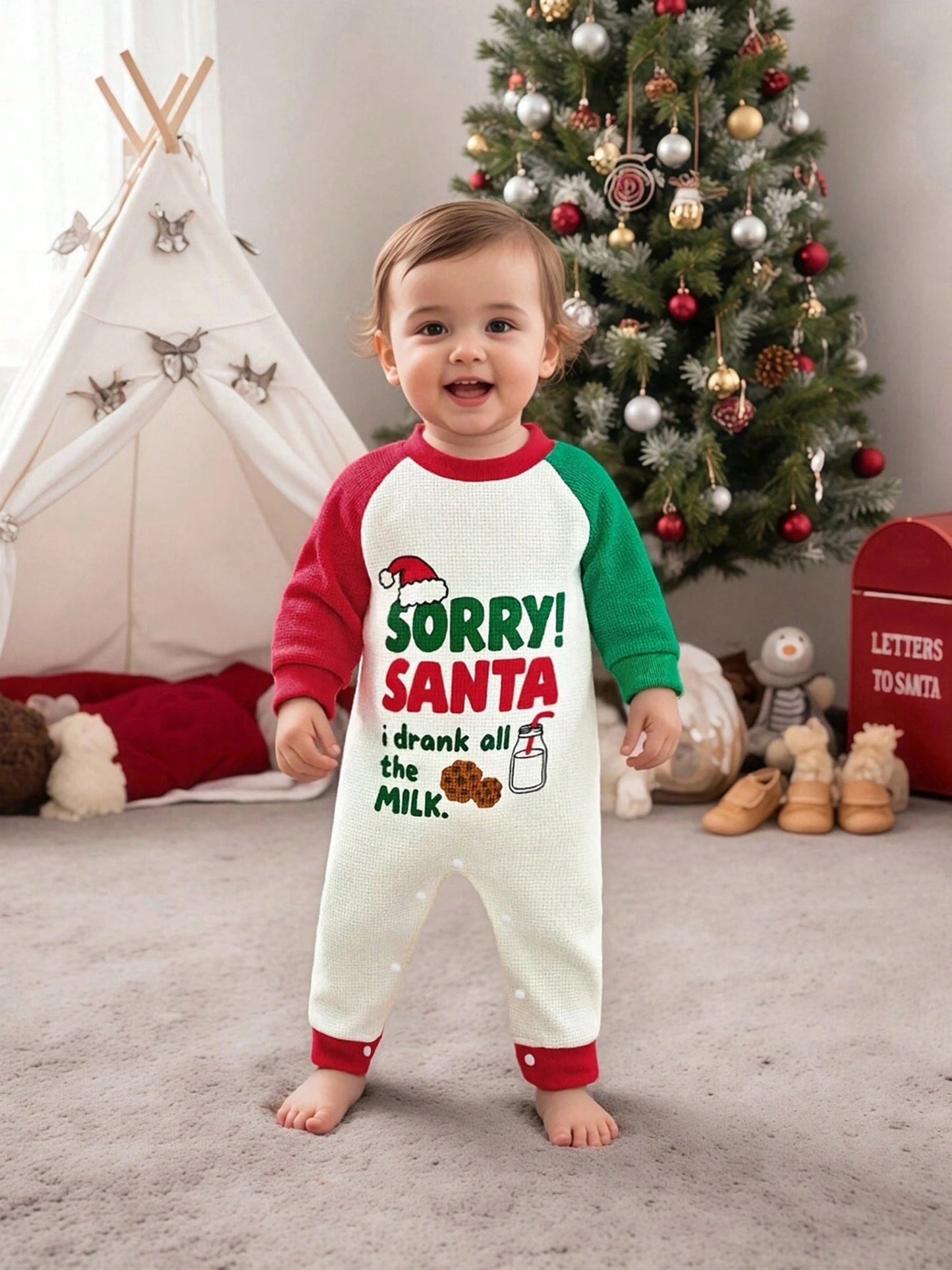 Newborn Baby Boy Christmas Outfit Contrast Color Letter Print Infant Romper Long Sleeve Jumpsuit Cute Xmas Clothes