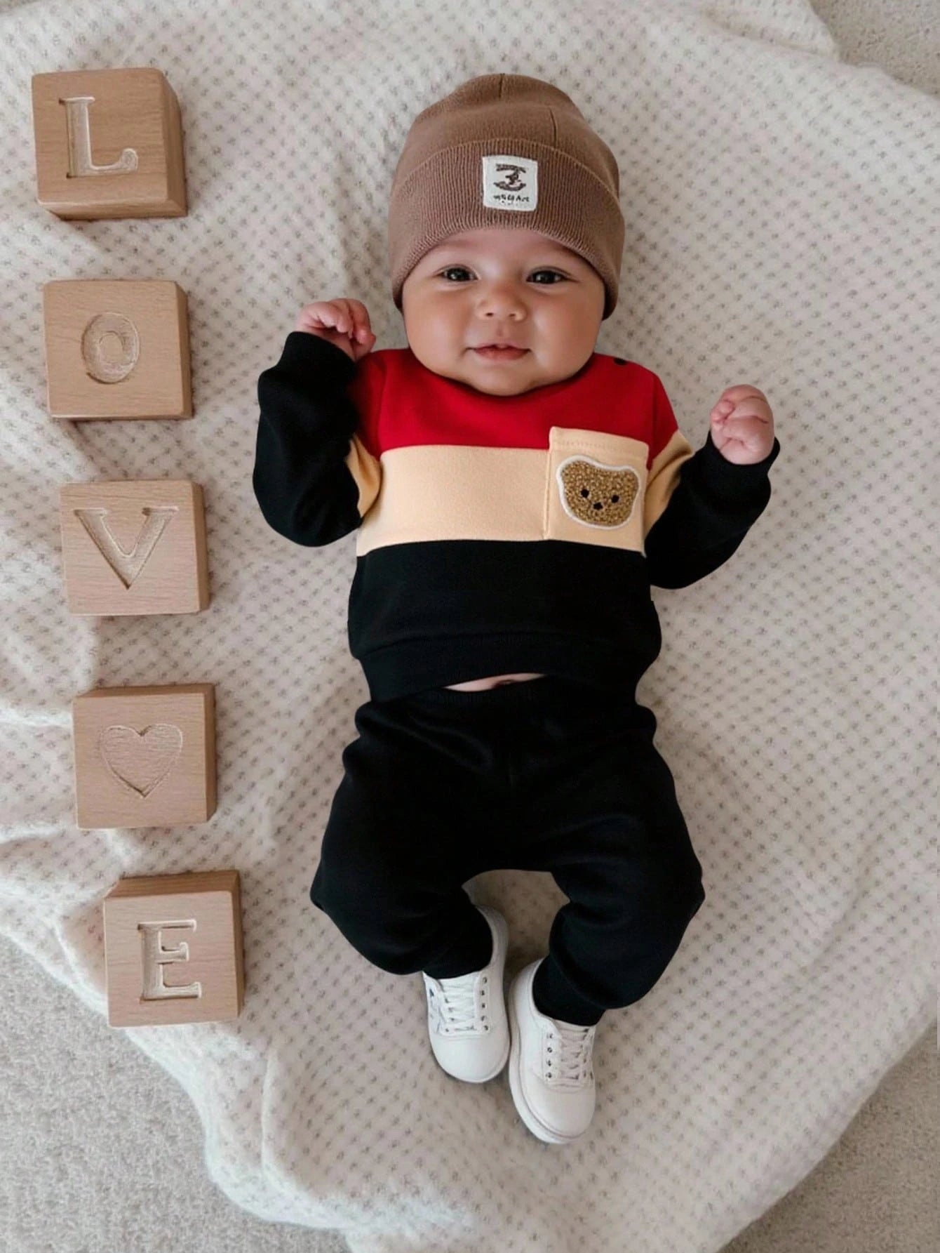 Newborn Baby Boy Cute Patchwork Top And Pants Set, Casual Cute Kawaii Baby Boy Outfit Baby Boy Fashion Holiday Vacation Black Winter
