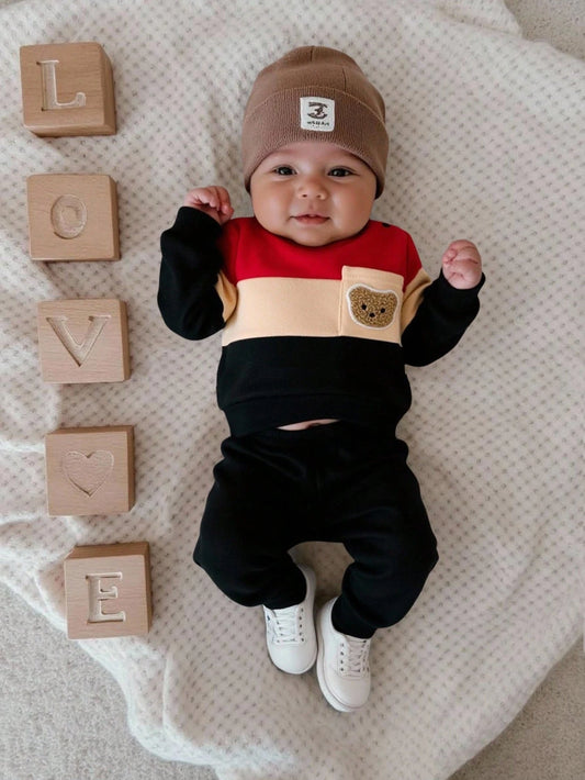 Newborn Baby Boy Cute Patchwork Top And Pants Set, Casual Cute Kawaii Baby Boy Outfit Baby Boy Fashion Holiday Vacation Black Winter