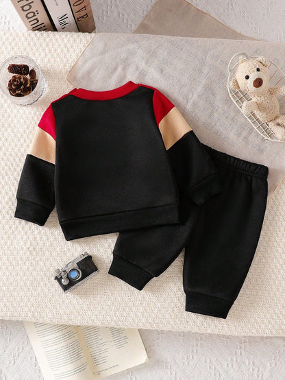 Newborn Baby Boy Cute Patchwork Top And Pants Set, Casual Cute Kawaii Baby Boy Outfit Baby Boy Fashion Holiday Vacation Black Winter