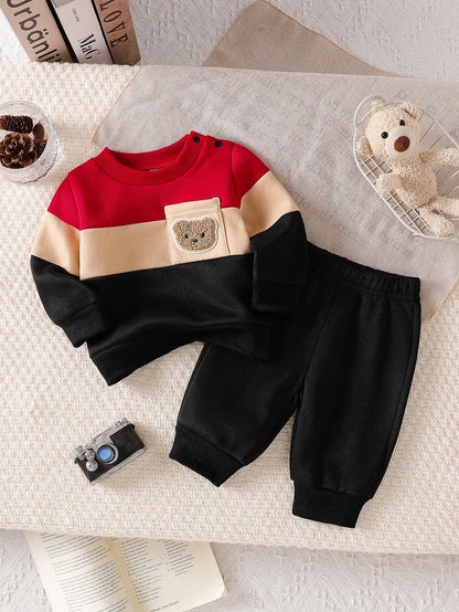 Newborn Baby Boy Cute Patchwork Top And Pants Set, Casual Cute Kawaii Baby Boy Outfit Baby Boy Fashion Holiday Vacation Black Winter