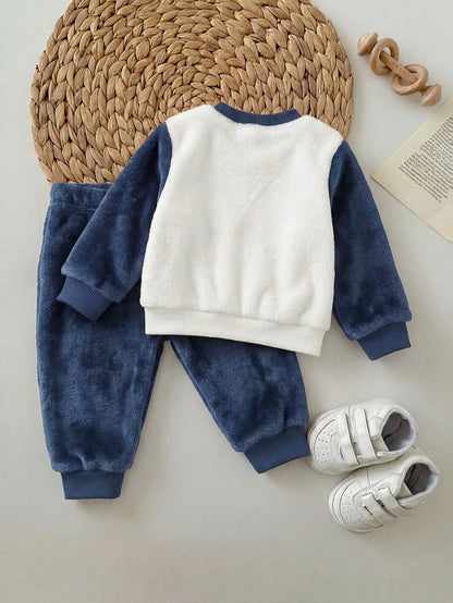 Newborn Baby Fluffy Cartoon Pattern Long Sleeve Sweatshirt And Pants Set