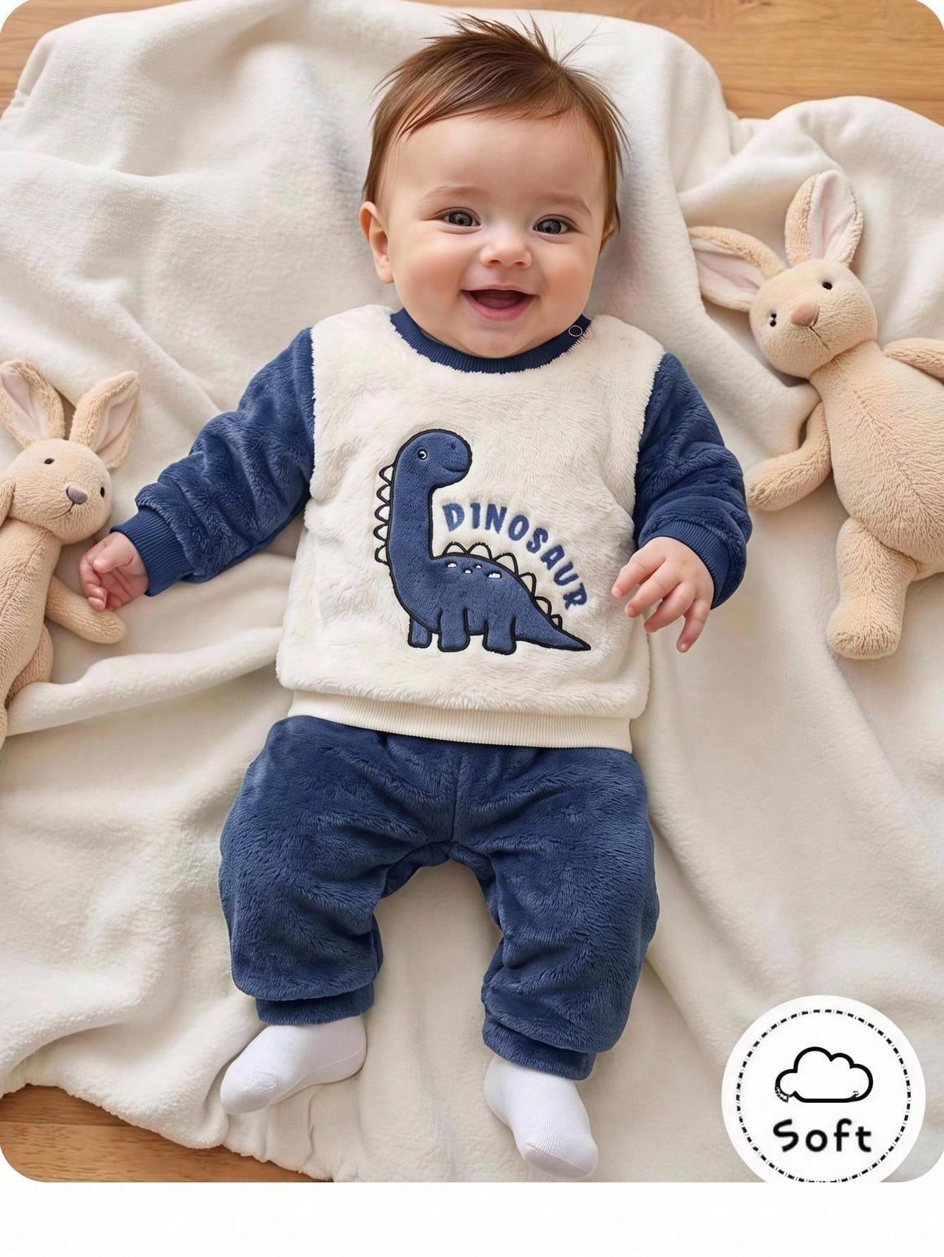 Newborn Baby Fluffy Cartoon Pattern Long Sleeve Sweatshirt And Pants Set