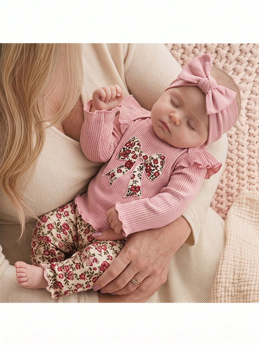 Newborn Baby Girl Cute Casual Knit Pink Long Sleeve Top Elastic Waist Ditsy Floral Pants Set Loungewear