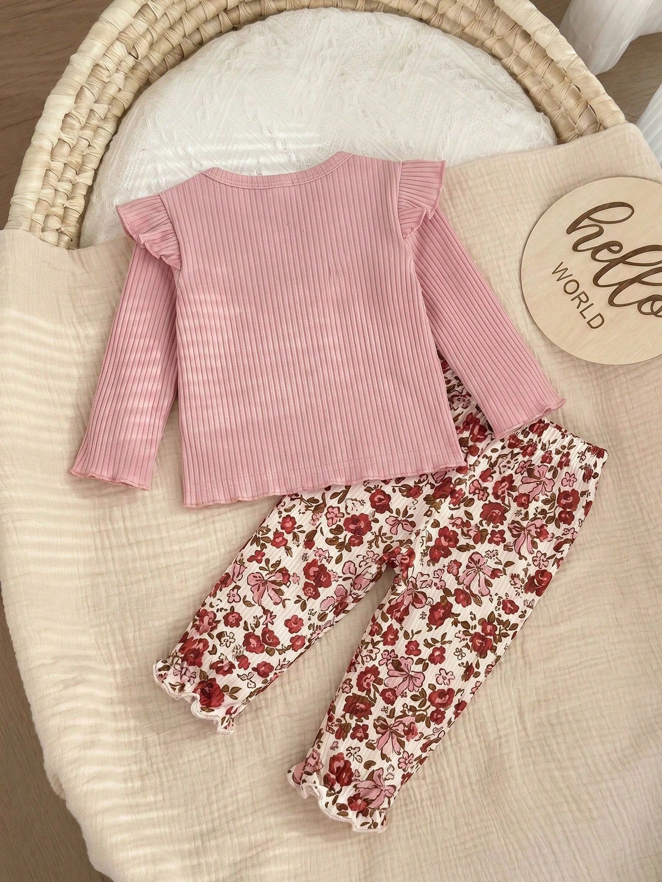 Newborn Baby Girl Cute Casual Knit Pink Long Sleeve Top Elastic Waist Ditsy Floral Pants Set Loungewear