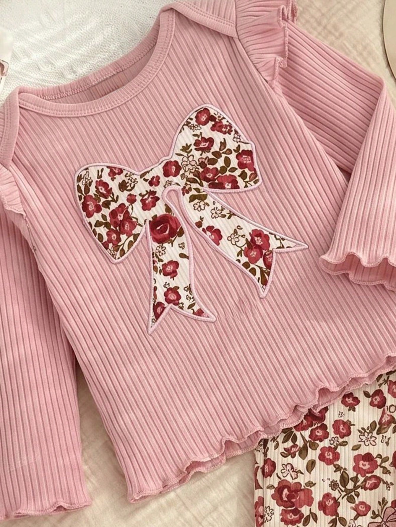 Newborn Baby Girl Cute Casual Knit Pink Long Sleeve Top Elastic Waist Ditsy Floral Pants Set Loungewear