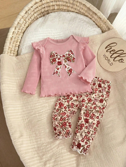 Newborn Baby Girl Cute Casual Knit Pink Long Sleeve Top Elastic Waist Ditsy Floral Pants Set Loungewear