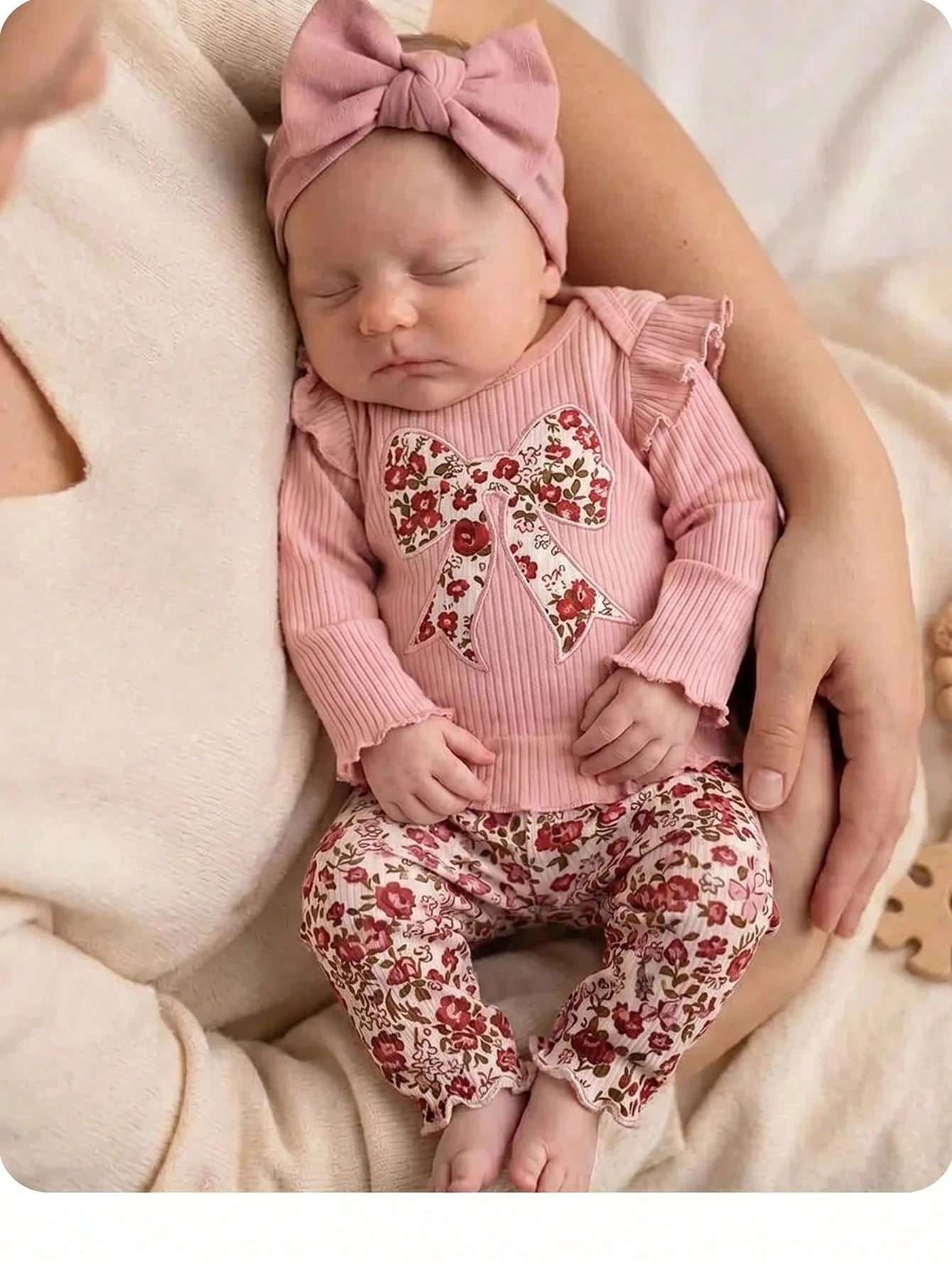 Newborn Baby Girl Cute Casual Knit Pink Long Sleeve Top Elastic Waist Ditsy Floral Pants Set Loungewear