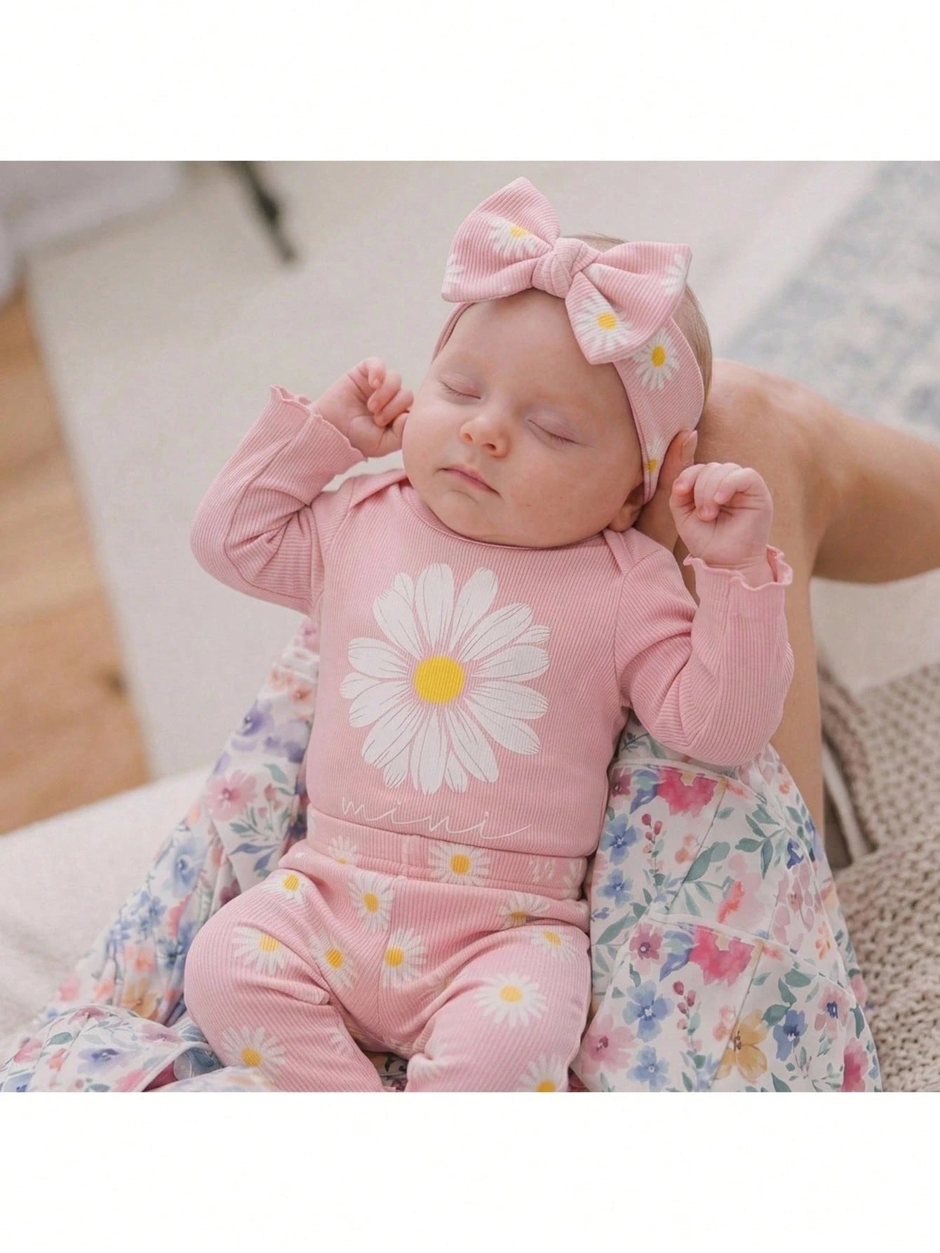 Newborn Baby Girl Cute Casual Knit Pink Long Sleeve Top Elastic Waist Ditsy Floral Pants Set Loungewear