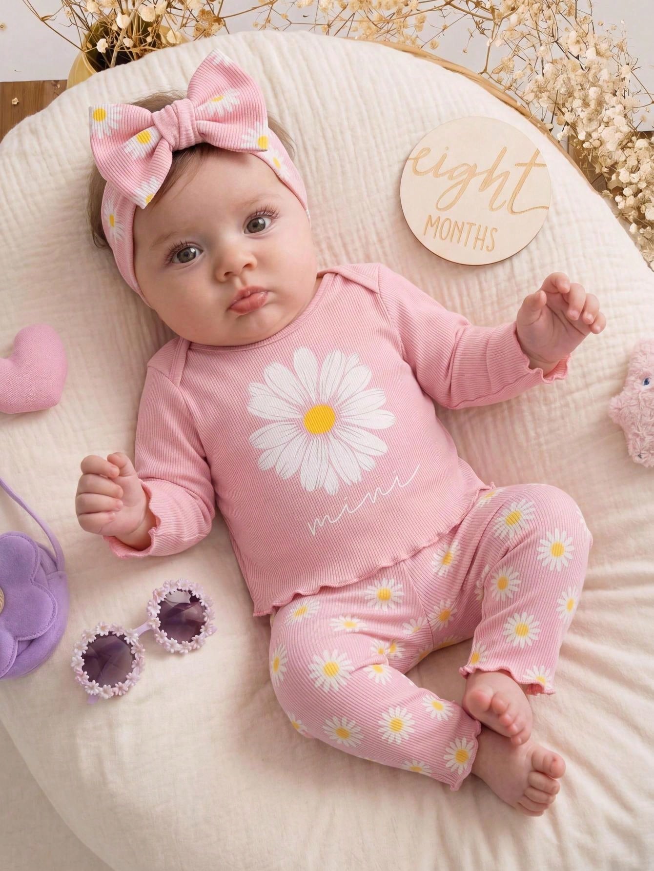 Newborn Baby Girl Cute Casual Knit Pink Long Sleeve Top Elastic Waist Ditsy Floral Pants Set Loungewear