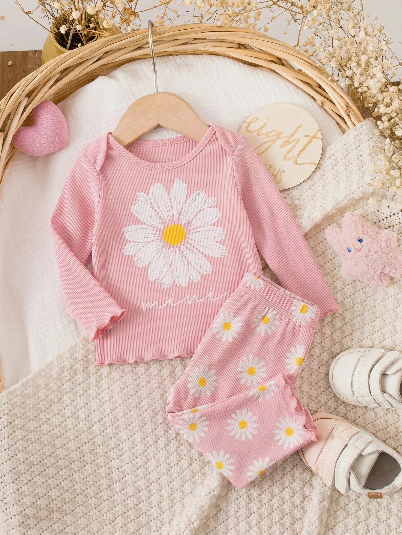 Newborn Baby Girl Cute Casual Knit Pink Long Sleeve Top Elastic Waist Ditsy Floral Pants Set Loungewear