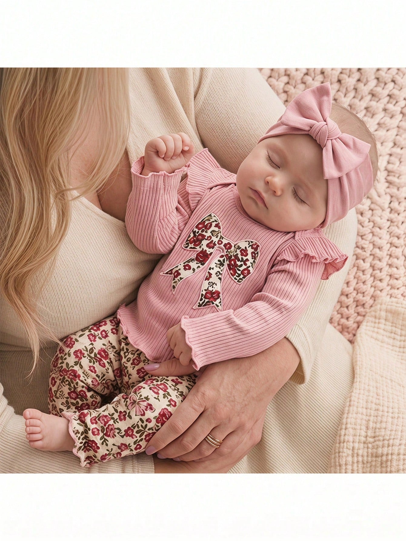 Newborn Baby Girl Cute Casual Knit Pink Long Sleeve Top Elastic Waist Ditsy Floral Pants Set Loungewear