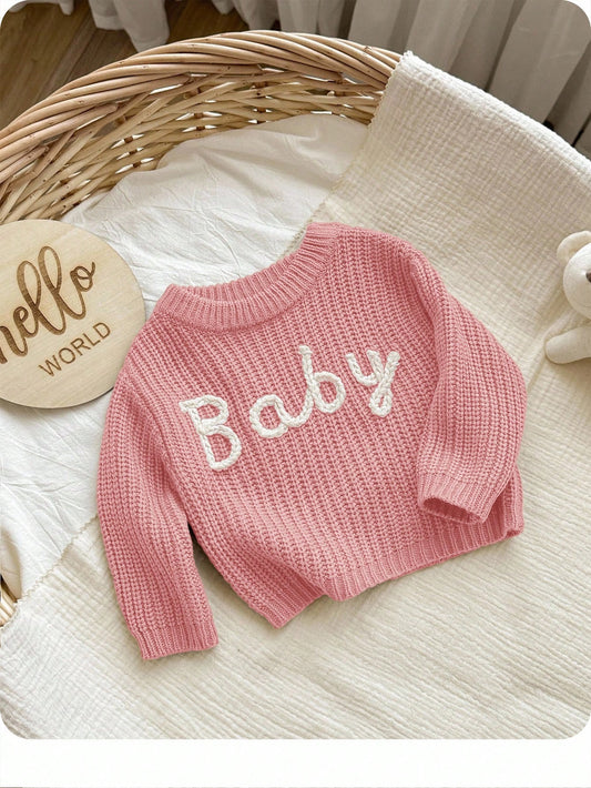 Newborn Baby Girl Letter Pattern Long Sleeve Sweater,Cute Light Pink Autumn Knit Winter Top,Versatile Knitwear Jumper Fall Clothes