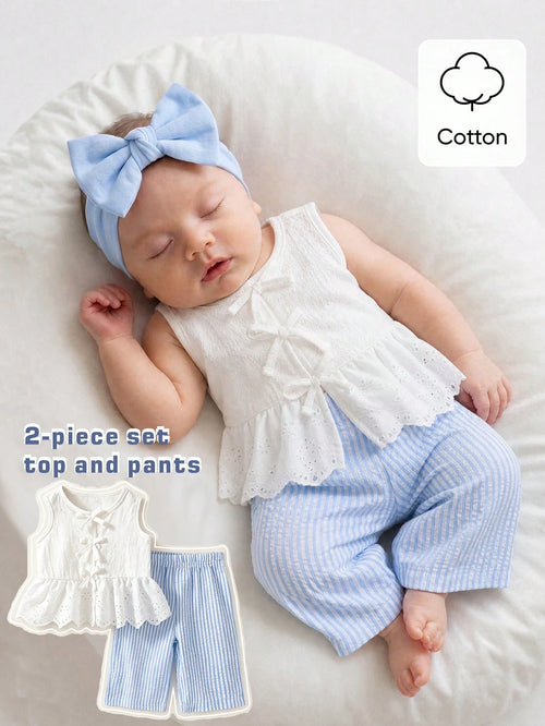 Newborn Baby Girl Outfit Blue And White Stripe Summer Cute Baby Shower Sleeveless Top With Lace