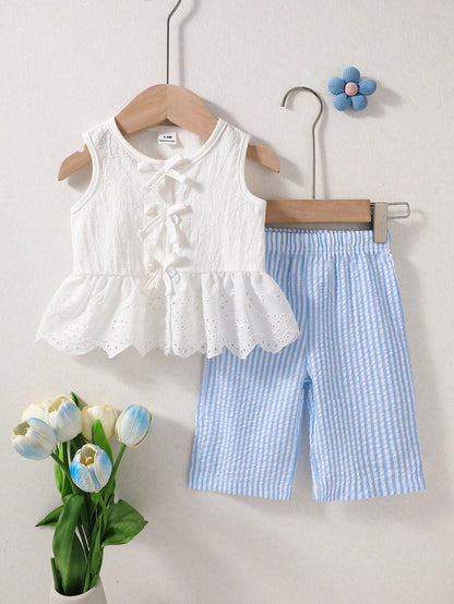 Newborn Baby Girl Outfit Blue And White Stripe Summer Cute Baby Shower Sleeveless Top With Lace