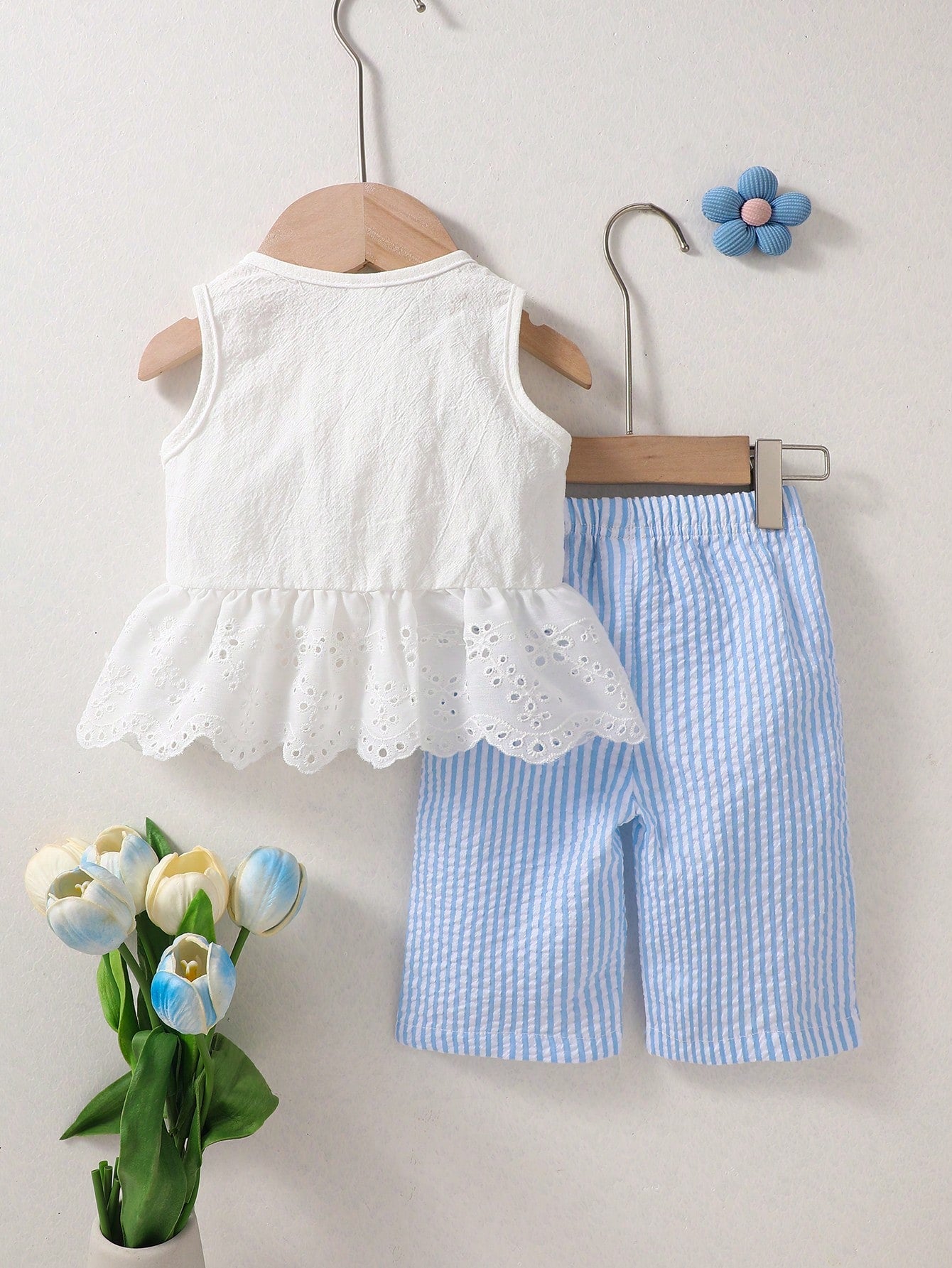 Newborn Baby Girl Outfit Blue And White Stripe Summer Cute Baby Shower Sleeveless Top With Lace