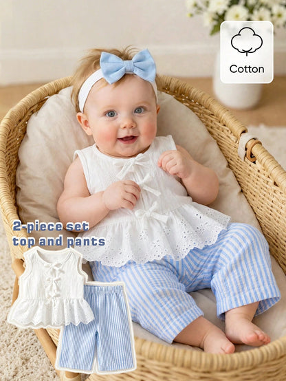 Newborn Baby Girl Outfit Blue And White Stripe Summer Cute Baby Shower Sleeveless Top With Lace