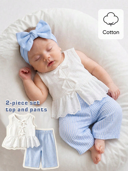 Newborn Baby Girl Outfit Blue And White Stripe Summer Cute Baby Shower Sleeveless Top With Lace
