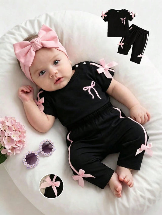 Newborn Baby Girl Pink Black Fashion Set Short Sleeve Top With 3D Bow Cute Outfit For 0-9 M Babies