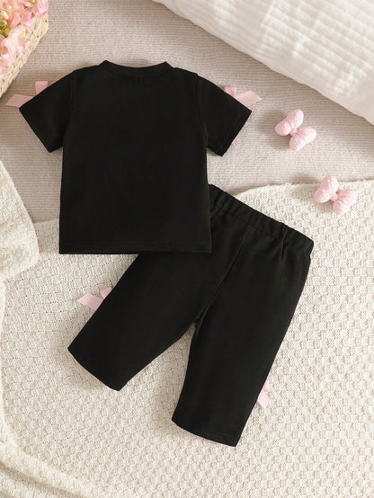 Newborn Baby Girl Pink Black Fashion Set Short Sleeve Top With 3D Bow Cute Outfit For 0-9 M Babies