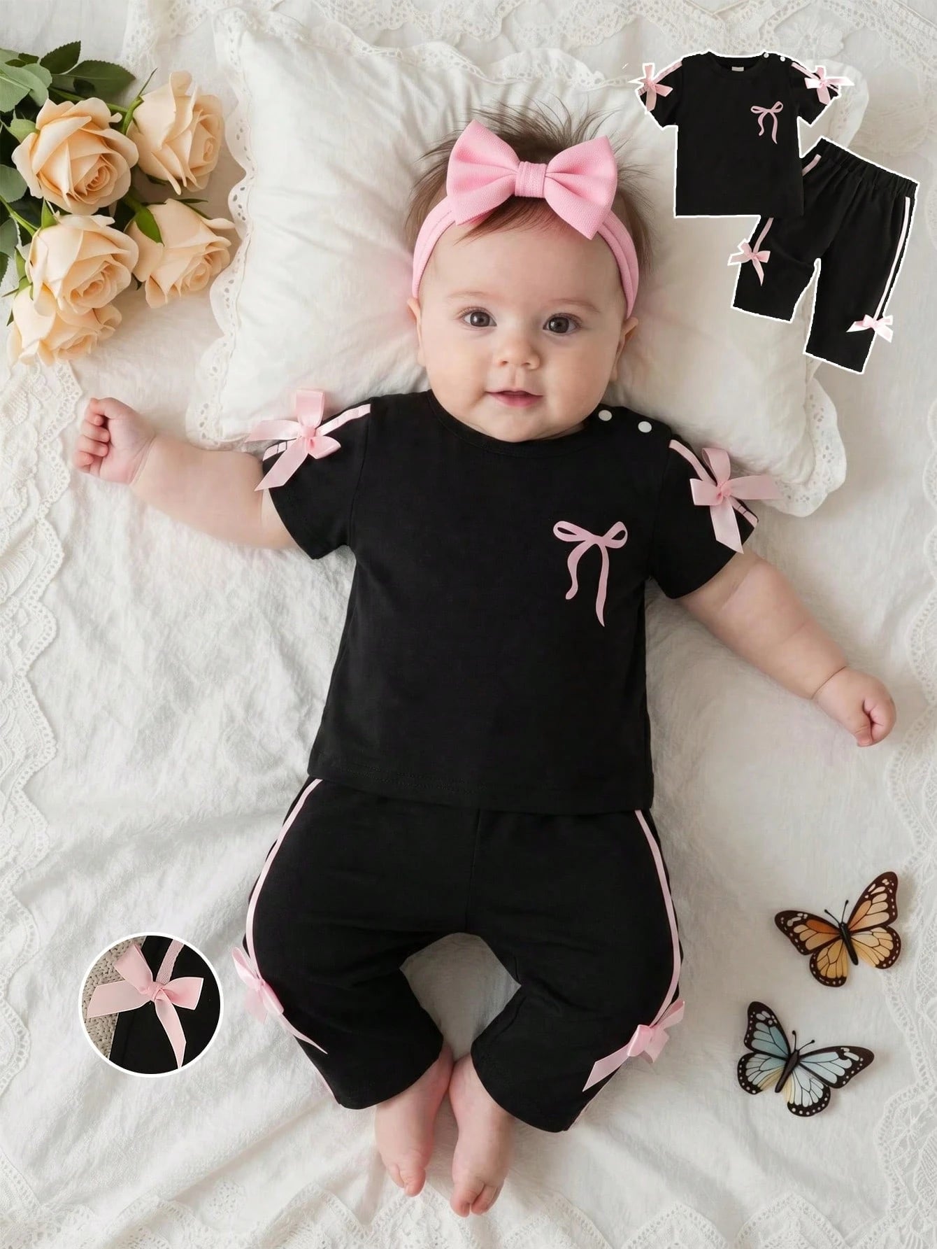 Newborn Baby Girl Pink Black Fashion Set Short Sleeve Top With 3D Bow Cute Outfit For 0-9 M Babies