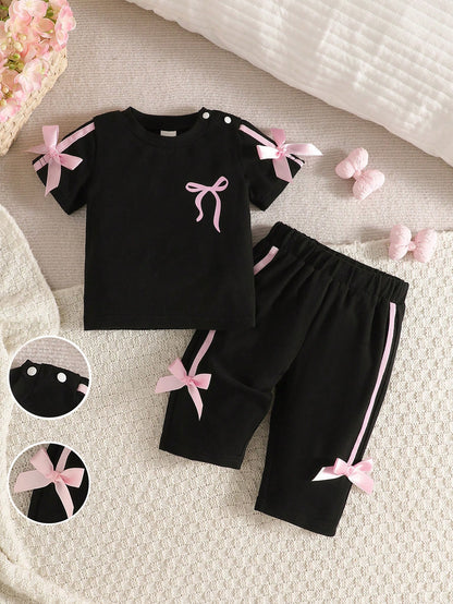 Newborn Baby Girl Pink Black Fashion Set Short Sleeve Top With 3D Bow Cute Outfit For 0-9 M Babies