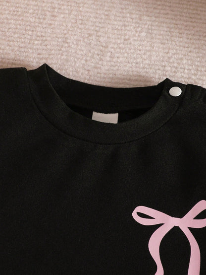 Newborn Baby Girl Pink Black Fashion Set Short Sleeve Top With 3D Bow Cute Outfit For 0-9 M Babies