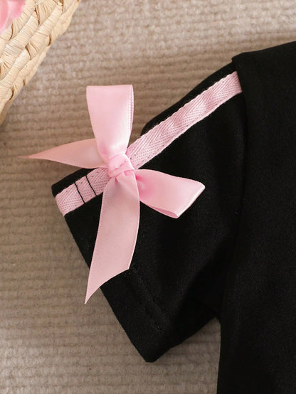 Newborn Baby Girl Pink Black Fashion Set Short Sleeve Top With 3D Bow Cute Outfit For 0-9 M Babies