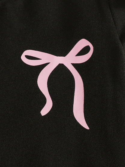 Newborn Baby Girl Pink Black Fashion Set Short Sleeve Top With 3D Bow Cute Outfit For 0-9 M Babies