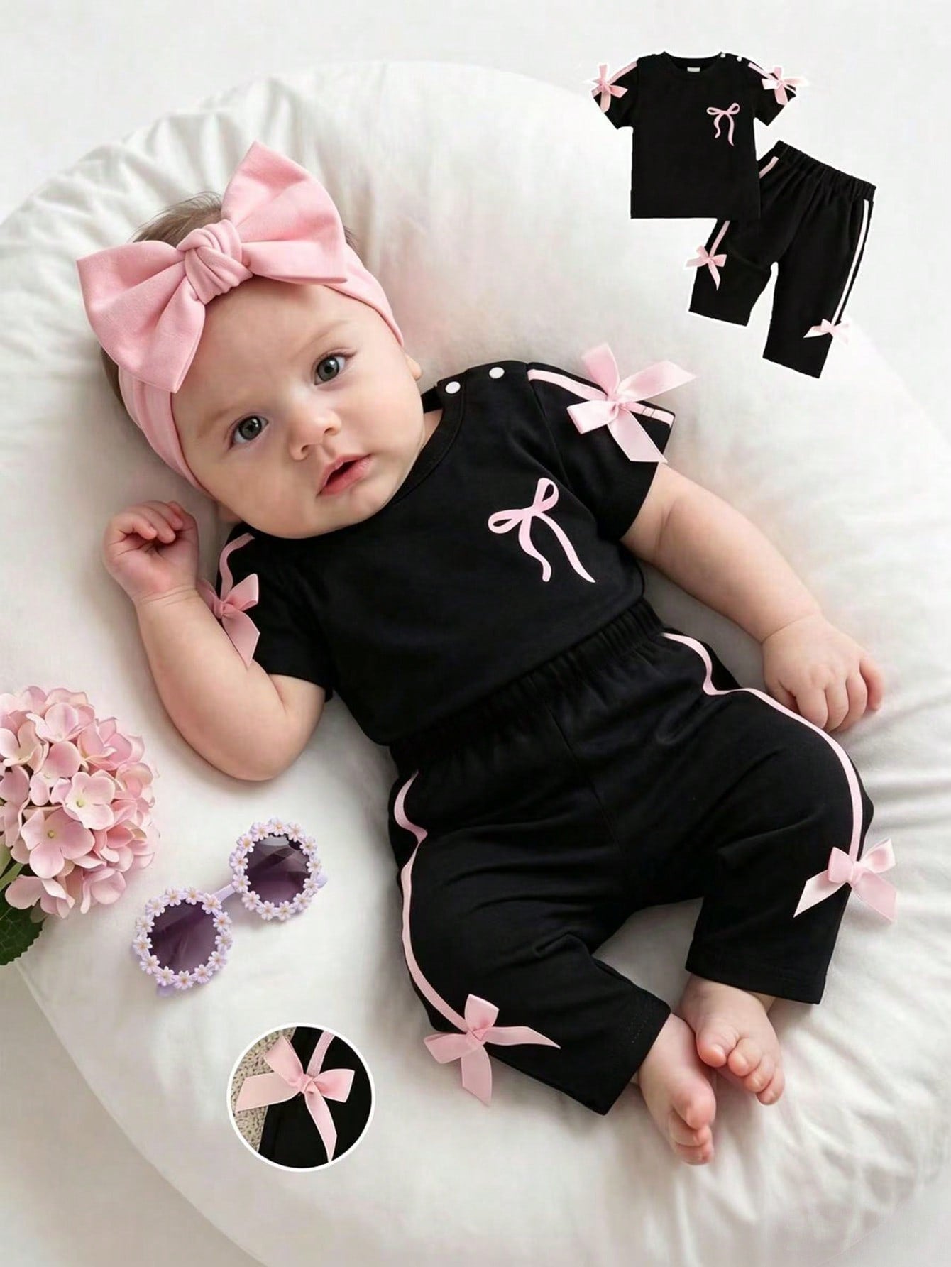 Newborn Baby Girl Pink Black Fashion Set Short Sleeve Top With 3D Bow Cute Outfit For 0-9 M Babies