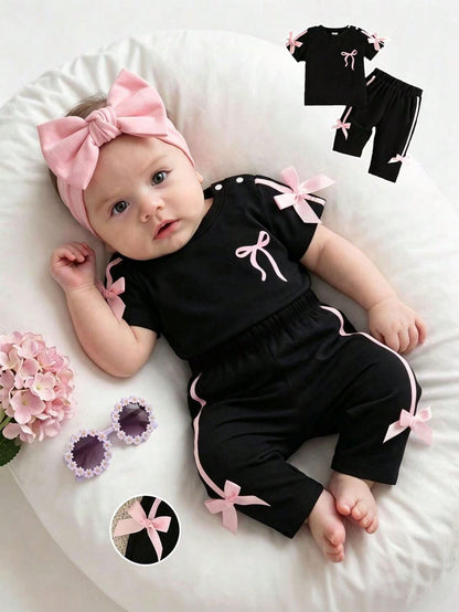 Newborn Baby Girl Pink Black Fashion Set Short Sleeve Top With 3D Bow Cute Outfit For 0-9 M Babies