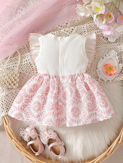 Newborn Baby Girl White Sleeveless Lace Collar Patchwork Pink Bow Dress New Elegant Retro Cute Fabric Comfortable