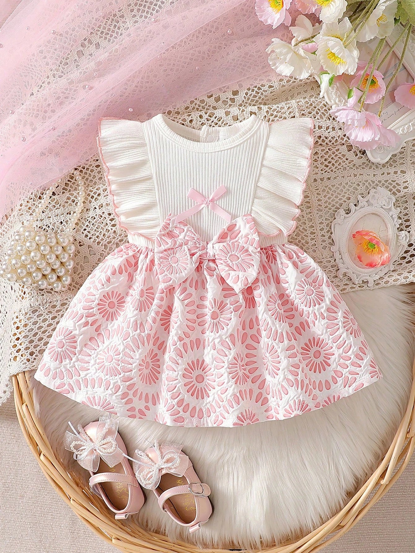 Newborn Baby Girl White Sleeveless Lace Collar Patchwork Pink Bow Dress New Elegant Retro Cute Fabric Comfortable