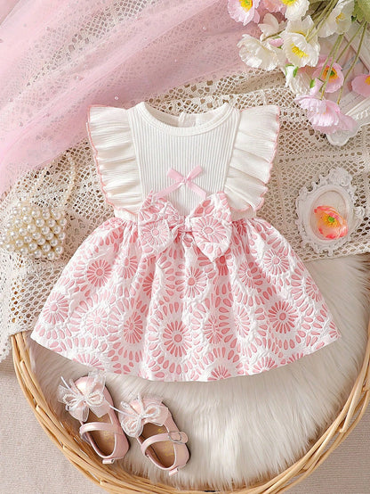 Newborn Baby Girl White Sleeveless Lace Collar Patchwork Pink Bow Dress New Elegant Retro Cute Fabric Comfortable