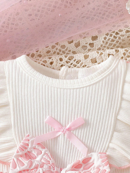 Newborn Baby Girl White Sleeveless Lace Collar Patchwork Pink Bow Dress New Elegant Retro Cute Fabric Comfortable