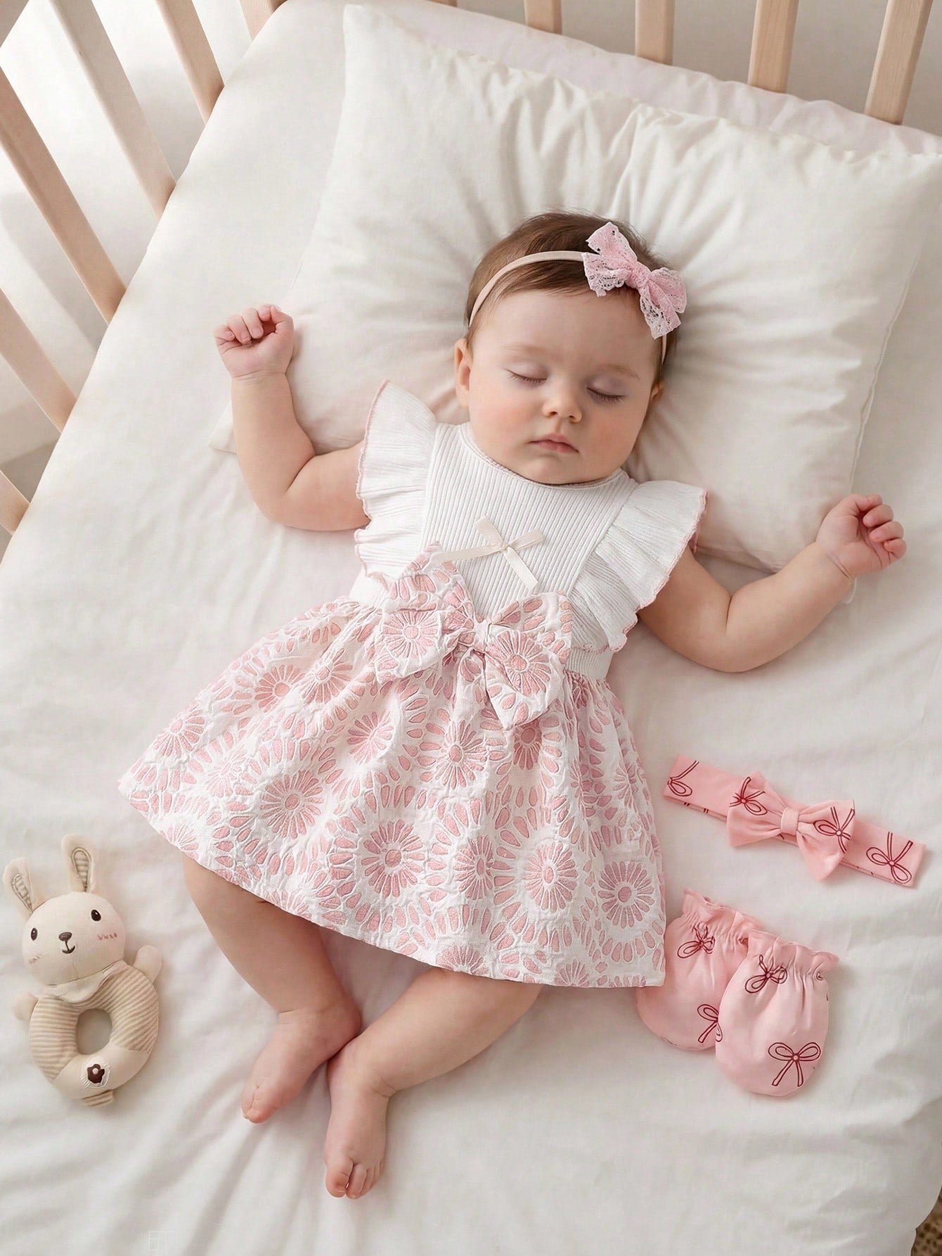 Newborn Baby Girl White Sleeveless Lace Collar Patchwork Pink Bow Dress New Elegant Retro Cute Fabric Comfortable