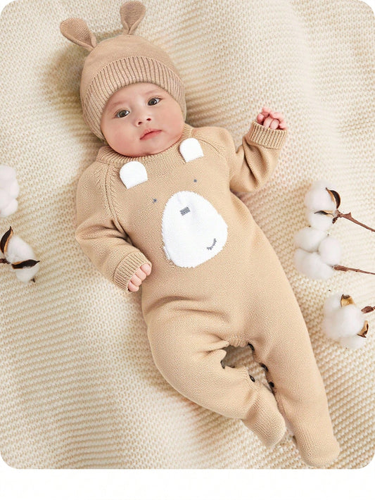 Newborn Baby Girls Cute Cartoon Bear Hooded Romper With Hat, Autumn/Winter Fall