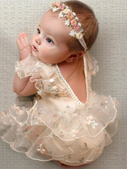 Newborn Baby Girls Floral Embroidery Lace Trim Romper & Headband Set, Baby Girl 1 Month 100 Days Photography Outfit