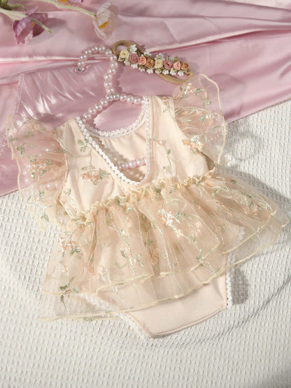 Newborn Baby Girls Floral Embroidery Lace Trim Romper & Headband Set, Baby Girl 1 Month 100 Days Photography Outfit