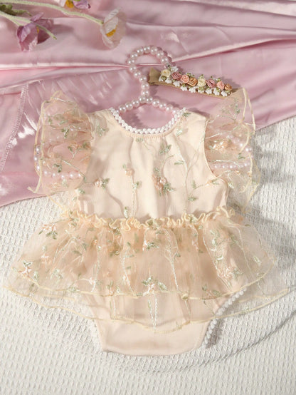 Newborn Baby Girls Floral Embroidery Lace Trim Romper & Headband Set, Baby Girl 1 Month 100 Days Photography Outfit