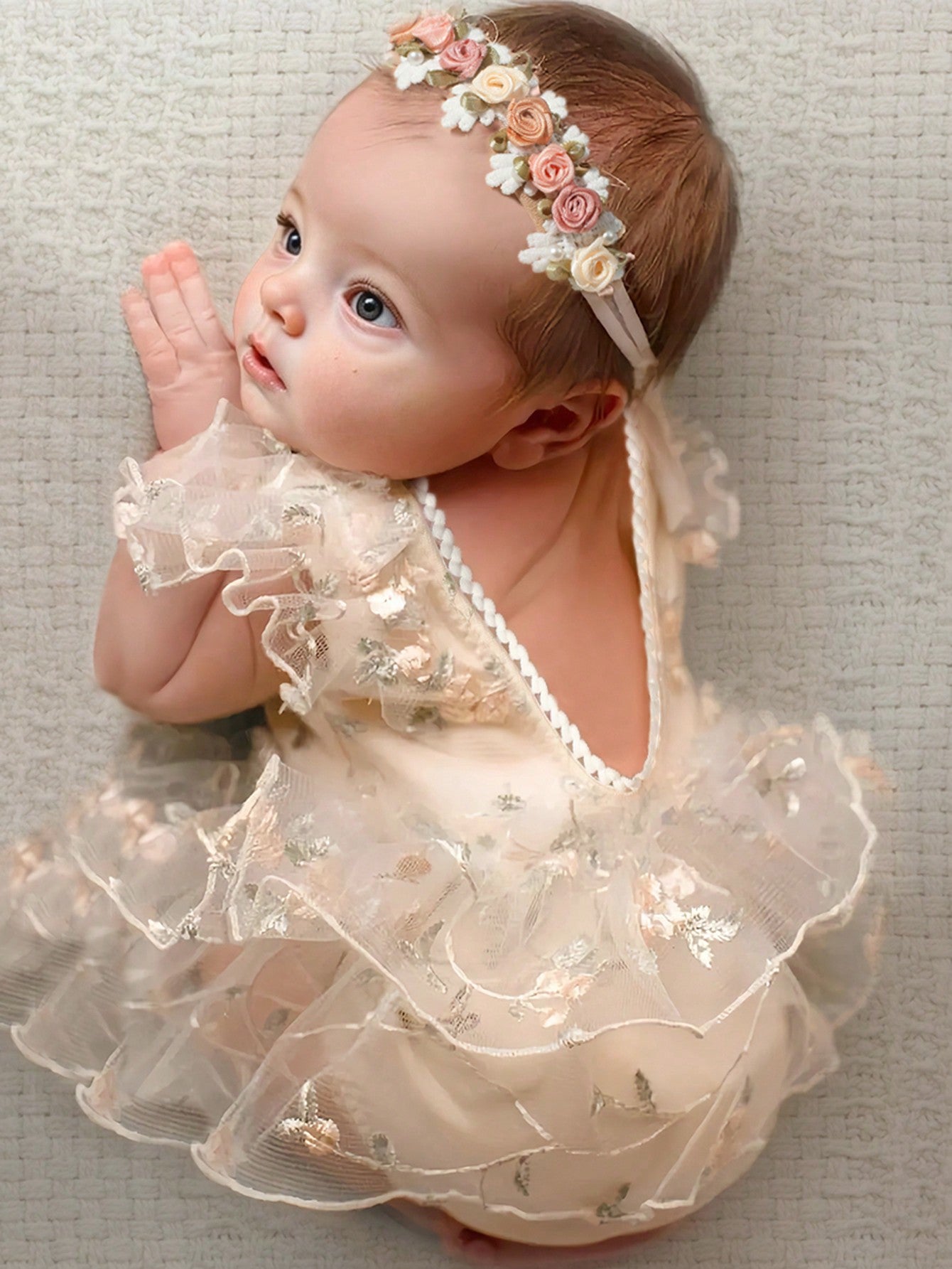 Newborn Baby Girls Floral Embroidery Lace Trim Romper & Headband Set, Baby Girl 1 Month 100 Days Photography Outfit